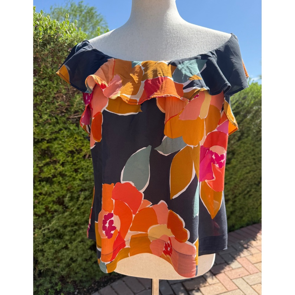 Sézane 100% Silk Off-The-Shoulder Ruffle Floral Top - FR 34 / US 2